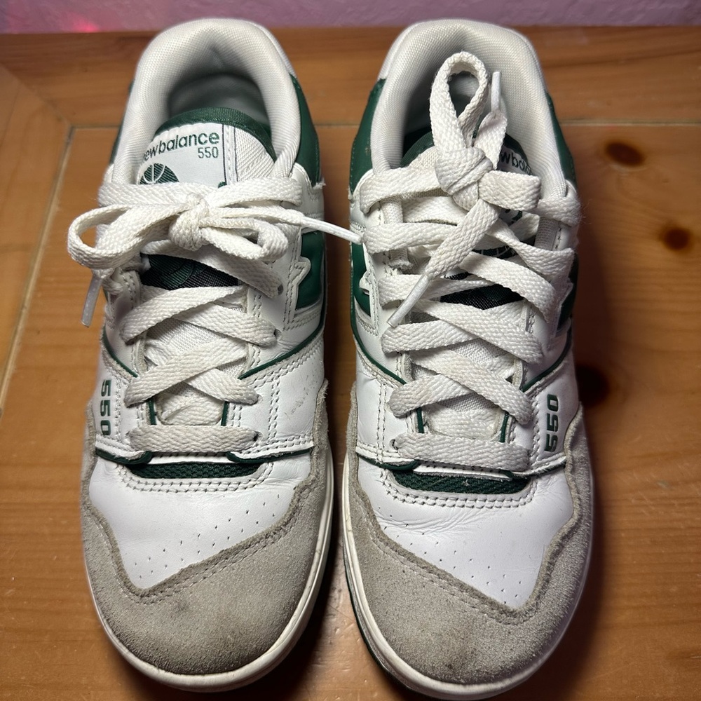 White and green New Balance 550 trainers